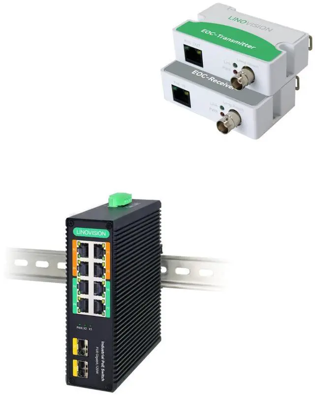 Main image of LINOVISION POE Over Coax Converter and Industrial 8-Port Full Gigabit BT 90W POE Switch, Max 3000ft Power and Data Transmission Over Regular RG59 Coaxial Cable