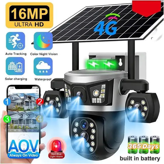 Alt view image 3 of 7 - V380 16MP AOV 4 Lens Solar 4G Battery Outdoor Security Camera