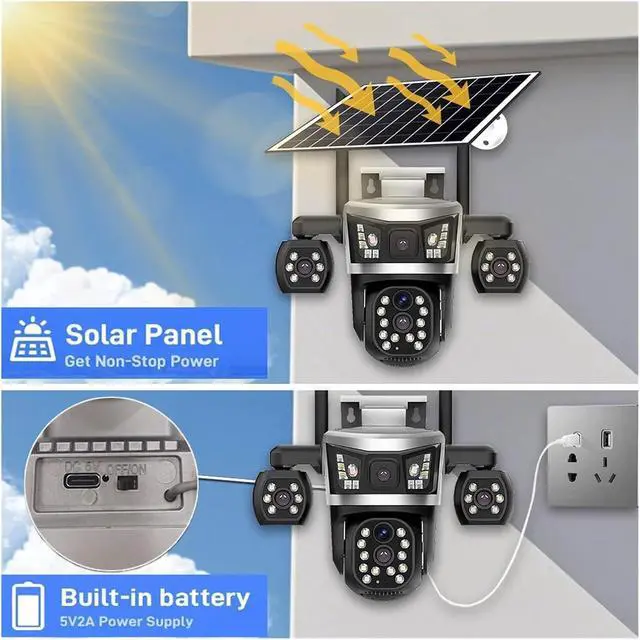 Alt view image 4 of 7 - V380 16MP AOV 4 Lens Solar 4G Battery Outdoor Security Camera