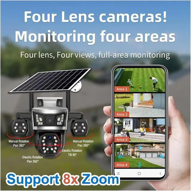 Alt view image 5 of 7 - V380 16MP AOV 4 Lens Solar 4G Battery Outdoor Security Camera