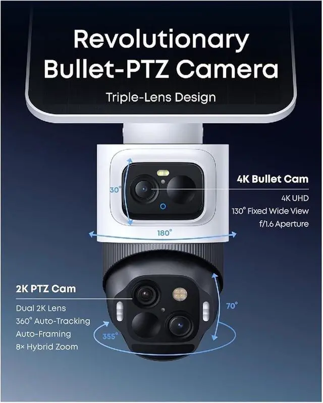 Alt view image 3 of 7 - 4K Triple Lens Solar Wireless Outdoor PTZ Security Camera