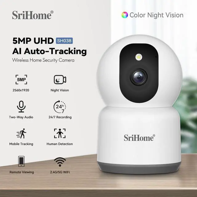 Alt view image 2 of 7 - SRIHOME 3K 5MP QHD WiFi Indoor Security Camera for Home/Baby/Cat/Dog, Pet Monitoring/Auto Tracking, Color Night Vision, SD/Cloud, 2.4/5GHz Wi-Fi, 2 Way Audio IP Camera SH038