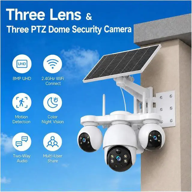 Alt view image 3 of 7 - V380 Pro 8MP 4K 3 Lenses Solar WiFi Outdoor IP Camera