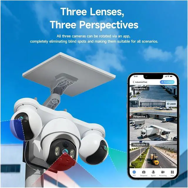 Alt view image 4 of 7 - V380 Pro 8MP 4K 3 Lenses Solar WiFi Outdoor IP Camera