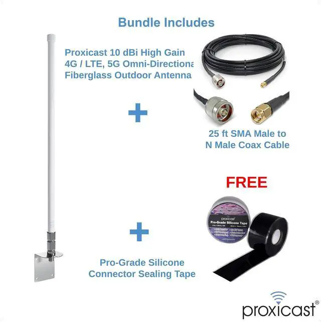 Alt view image 2 of 7 - Proxicast 10 dBi 4G, 5G Omni Antenna + 25 ft SMA/N Coax Cable + Free Silicone Tape (ANT-127-002-BDL-25)