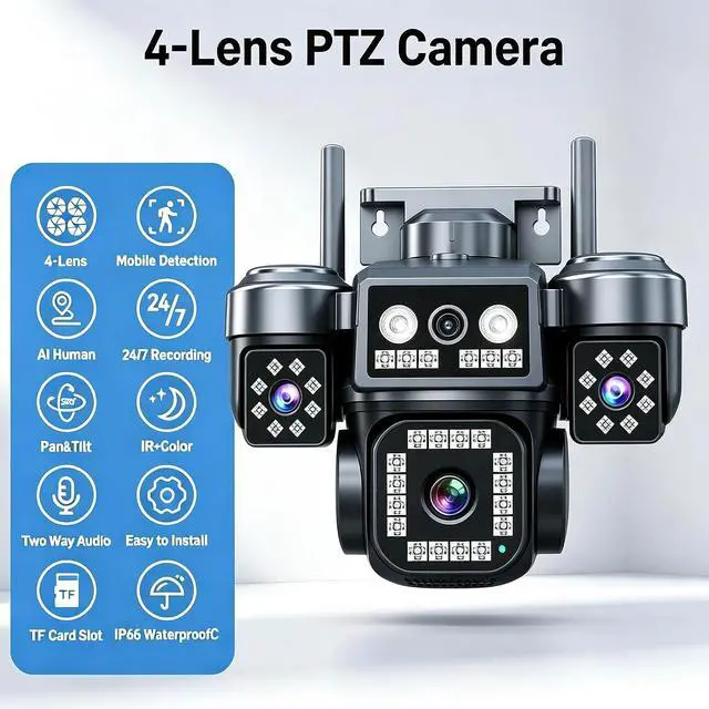 Alt view image 2 of 7 - 4-Lens Outdoor Security Camera 8MP, 4G LTE PTZ Home Monitoring Camera WiFi Wireless, Intelligent Human Detection, Color Night Vision, 24/7 Video Recording, Suitable for Courtyard Garage home1