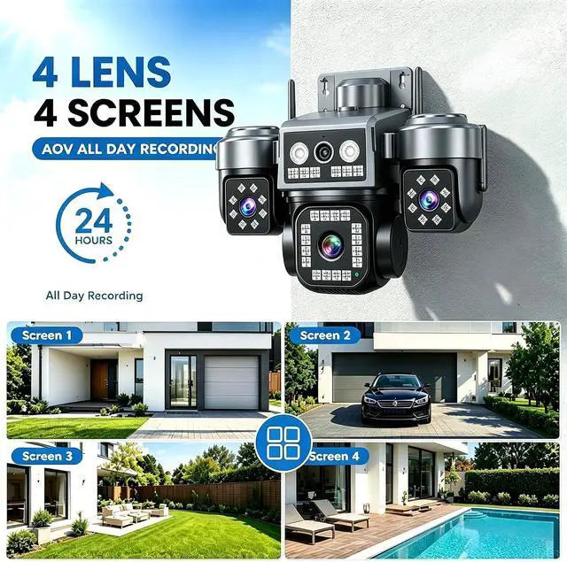 Alt view image 3 of 7 - 4-Lens Outdoor Security Camera 8MP, 4G LTE PTZ Home Monitoring Camera WiFi Wireless, Intelligent Human Detection, Color Night Vision, 24/7 Video Recording, Suitable for Courtyard Garage home1