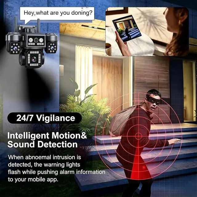 Alt view image 5 of 7 - 4-Lens Outdoor Security Camera 8MP, 4G LTE PTZ Home Monitoring Camera WiFi Wireless, Intelligent Human Detection, Color Night Vision, 24/7 Video Recording, Suitable for Courtyard Garage home1
