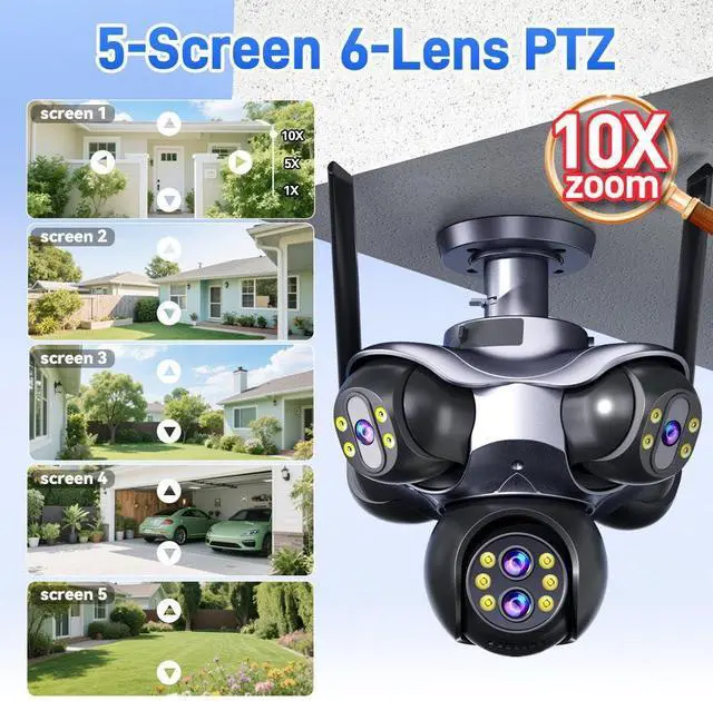 Alt view image 6 of 7 - 24MP Outdoor Pan Tilt Security Camera, 10X Zoom Surveillance Camera with Multi-Lens Wide View, 6-Motor Remote Rotation, Dual Light Night Vision, Human Detection Alert, 5-Way Sync Recording