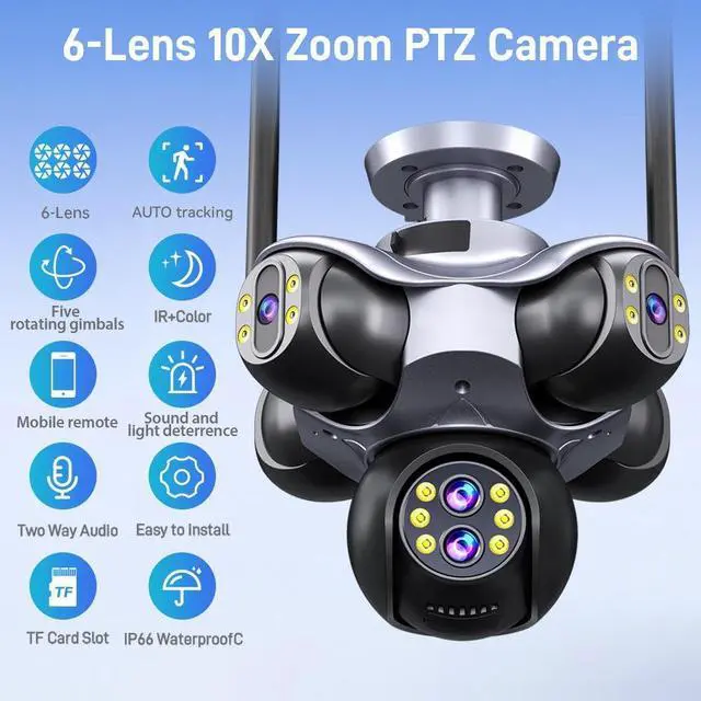 Alt view image 2 of 7 - 24MP Outdoor Pan Tilt Security Camera, 10X Zoom Surveillance Camera with Multi-Lens Wide View, 6-Motor Remote Rotation, Dual Light Night Vision, Human Detection Alert, 5-Way Sync Recording