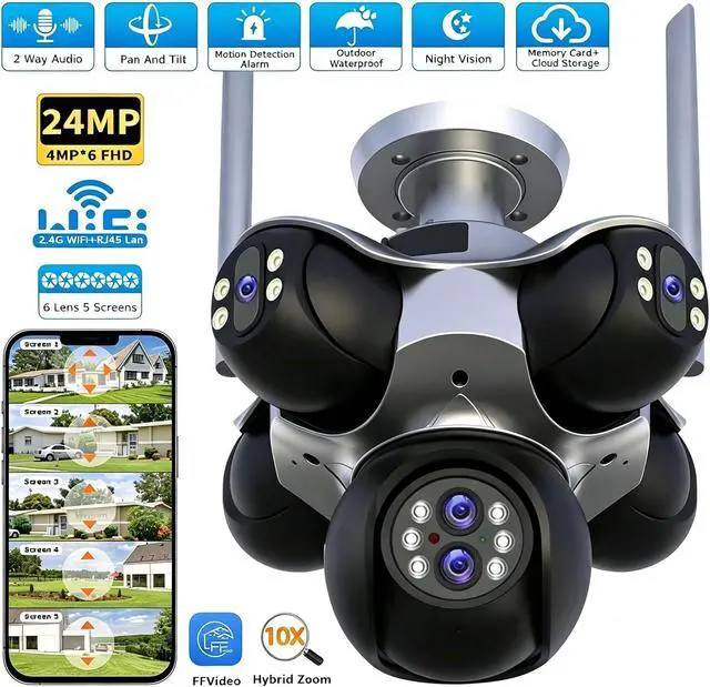 Alt view image 3 of 7 - 24MP Outdoor Pan Tilt Security Camera, 10X Zoom Surveillance Camera with Multi-Lens Wide View, 6-Motor Remote Rotation, Dual Light Night Vision, Human Detection Alert, 5-Way Sync Recording