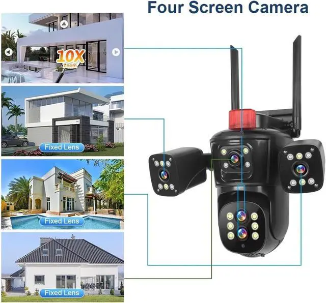 Alt view image 3 of 6 - 20MP Four Screens WiFi IP Camera Outdoor 10X Optical Zoom Five Lens PTZ Auto Tracking Waterproof CCTV Camera