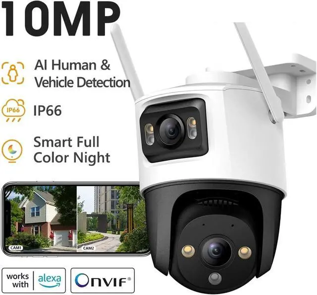Alt view image 2 of 7 - Dual Lens Outdoor Camera PT Camera Home Security IP Camera AI Human & Vehicle Detection Surveillance Camera 10 MP