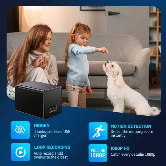 Alt view image 3 of 6 - Hidden Spy Camera, USB Charger Design, 1080P HD, Motion Detection, Loop Recording, WiFi, Indoor Home Security Nanny Cam