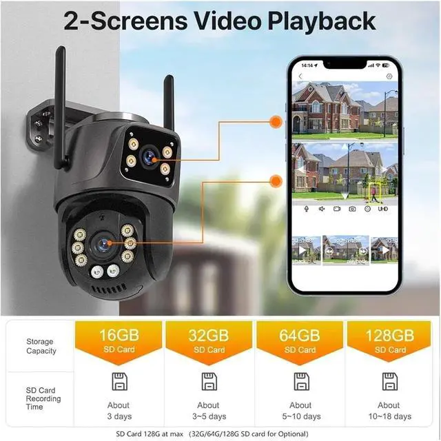 Alt view image 6 of 6 - 4K 8MP Outdoor WiFi IP Camera Dual Lens Security Camera 3K Dual Screen Human Dection Waterproof Camera PTZ Surveillance