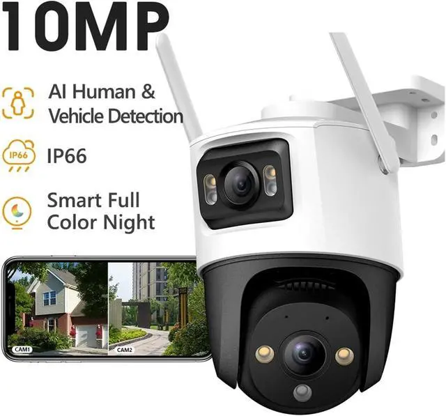 Alt view image 2 of 7 - Dual Lens Outdoor Camera PT Camera Home Security IP Camera AI Human & Vehicle Detection Surveillance Camera 10 MP