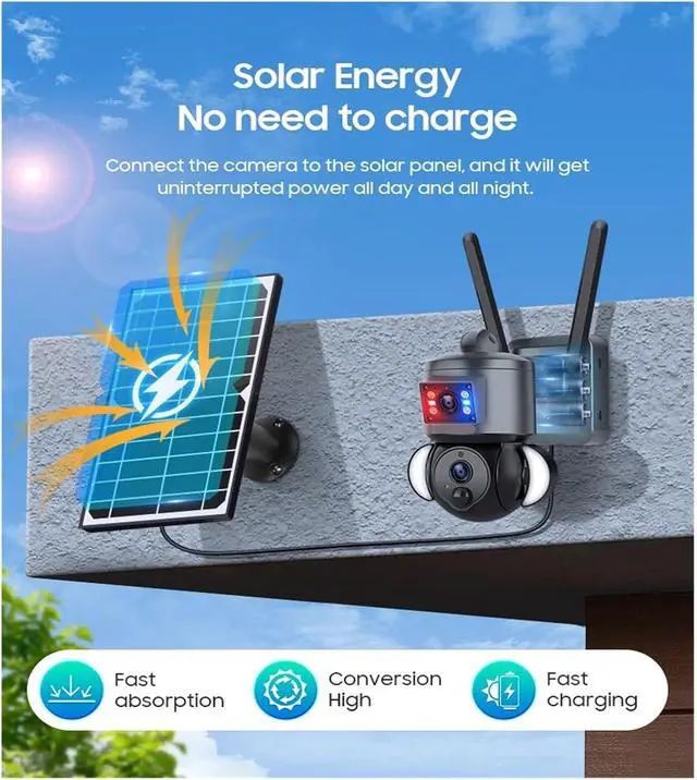 Alt view image 2 of 6 - 4K 8MP Solar Camera 4G SIM/WiFi Security Outdoor Dual Lens Recording Humanoid Tracking Color Night Vision PTZ Cam