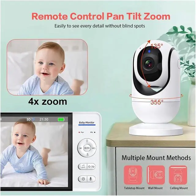 Alt view image 4 of 7 - 7 Inch 1080P HD Video Baby Monitor Large Screen 4X Zoom TF Card Feeding Timer Two-Way Audio Security Camera