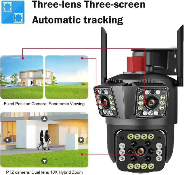 Alt view image 4 of 7 - HD 8MP PTZ WiFi 4K Camera 6K 12MP Three Screens 8X Zoom Security Protection Motion Human Detection Outdoor IP CCTV Survalance