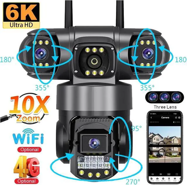 Alt view image 2 of 7 - 3 Lens Video Surveillance Camera WiFi Network CCTV Camera 4G SIM Card Wireless 360 Monitor Outdoor Waterproof Security Cameras