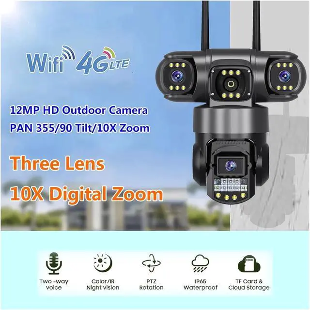 Alt view image 3 of 7 - 3 Lens Video Surveillance Camera WiFi Network CCTV Camera 4G SIM Card Wireless 360 Monitor Outdoor Waterproof Security Cameras