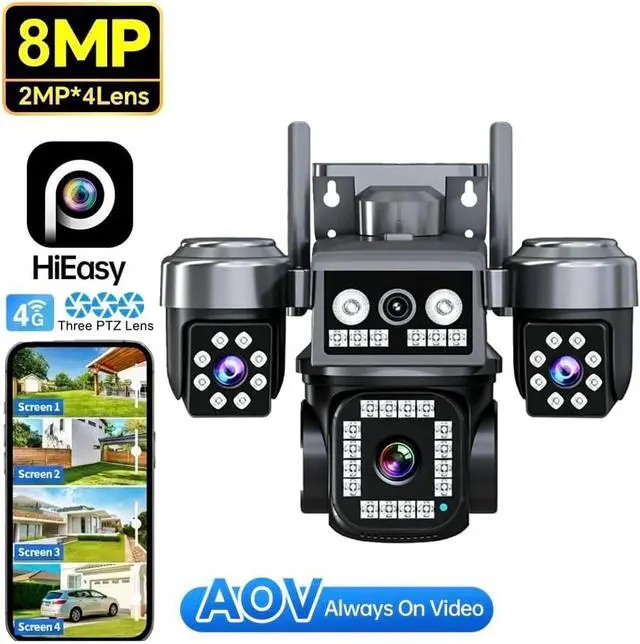 Alt view image 2 of 7 - 4-Lens 4G LTE Cellular Security Camera Outdoor,WiFi PTZ Camera, AI Human Detection, Full Color & IR Night Vision, 2-Way Audio, IP66 Weatherproof, Support TF Card & Cloud Storage,2