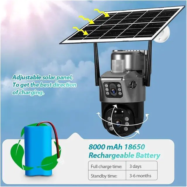 Alt view image 3 of 7 - Outdoor PTZ 4MP 2K 4G SIM WiFi Solar Panel Dual Lens Camera Home Security CCTV Video Surveillance Built-in Battery