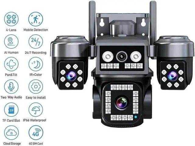 Alt view image 4 of 7 - 4-Lens 4G LTE Cellular Security Camera Outdoor,WiFi PTZ Camera, AI Human Detection, Full Color & IR Night Vision, 2-Way Audio, IP66 Weatherproof, Support TF Card & Cloud Storage,2