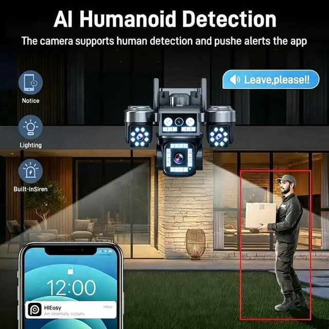 Alt view image 6 of 7 - 4-Lens 4G LTE Cellular Security Camera Outdoor,WiFi PTZ Camera, AI Human Detection, Full Color & IR Night Vision, 2-Way Audio, IP66 Weatherproof, Support TF Card & Cloud Storage,2