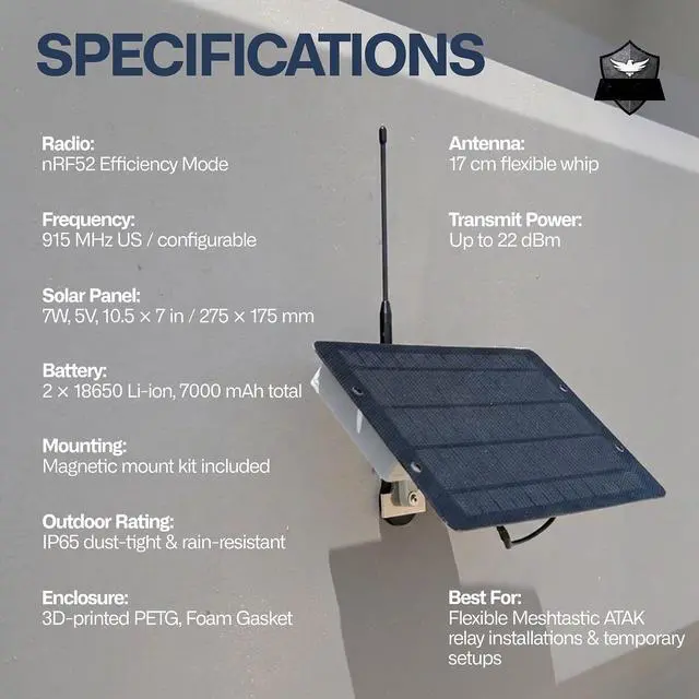 Alt view image 3 of 7 - Relay Lite nRF52 Solar LoRa Mesh Repeater, Meshtastic ATAK Version, Magnetic Mount Kit, Mesh Network Extender, 7W Solar Panel, IP65 Enclosure, 915 MHz Antenna, Low Power Mode, 22 dBm