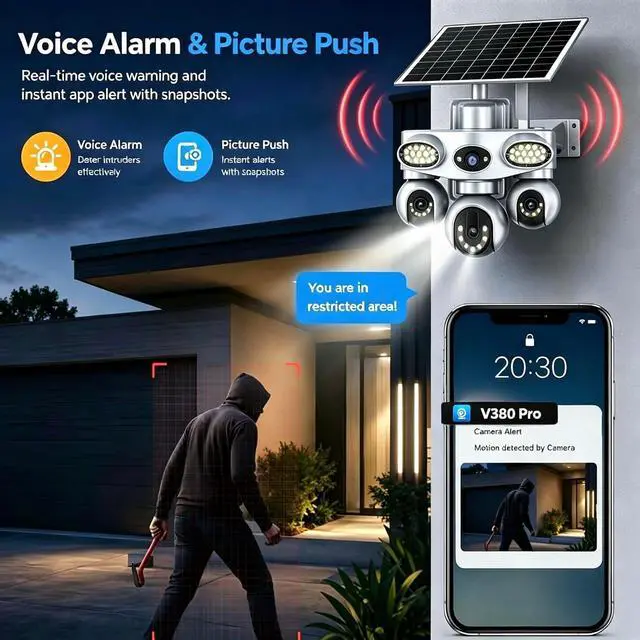 Alt view image 5 of 7 - 4-Lens Solar PTZ Safety Camera Wireless Outdoor, with 24/7 Continuous Recording, Intelligent Detection and Automatic Tracking, Two-Way Audio Communication, Voice Alarm, Suitable for Home Farm safety4