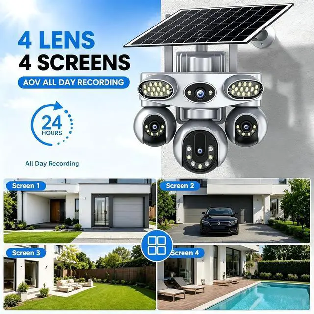 Alt view image 4 of 7 - 4-Lens Solar PTZ Safety Camera Wireless Outdoor, with 24/7 Continuous Recording, Intelligent Detection and Automatic Tracking, Two-Way Audio Communication, Voice Alarm, Suitable for Home Farm safety4