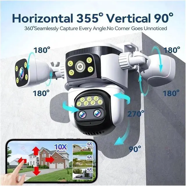 Alt view image 2 of 6 - 10K UHD WiFi6 20MP Outdoor Security Camera with 10X Zoom Four Screens Four Lenses PTZ Auto-Tracking Waterproof for CCTV