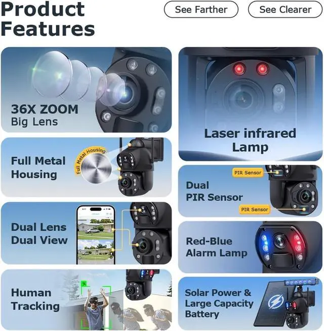 Alt view image 3 of 6 - 4K 8MP 36X Zoom 4G Solar Camera Dual Lens Dual Screen Human Detect Auto Tracking Outdoor 10W Solar Panel WiFi CCTV
