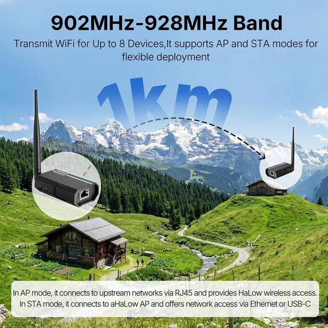 Alt view image 5 of 7 - Yolefarise WiFi HaLow HTB01 Transfer Wireless Bridge IEEE 802.11ah RJ45/USB-C/Ethernet 1km Long Range WiFi Adapter+HaLow Camera 1080P IP67 Protection for Outdoor IoT Smart Home (STA Mode)