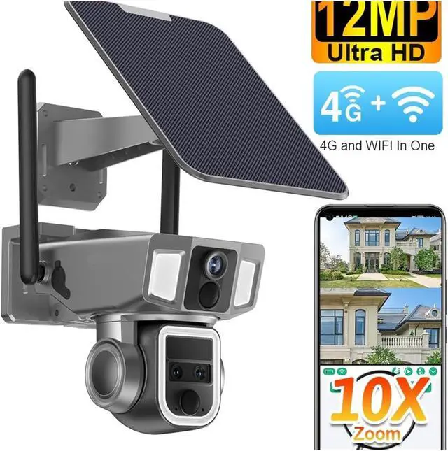Alt view image 2 of 7 - 6K 12MP Dual Screen Solar Security Camera, 4G WiFi 3-Lens Outdoor CCTV Cam with 10X Zoom, Dual PIR & Auto Tracking