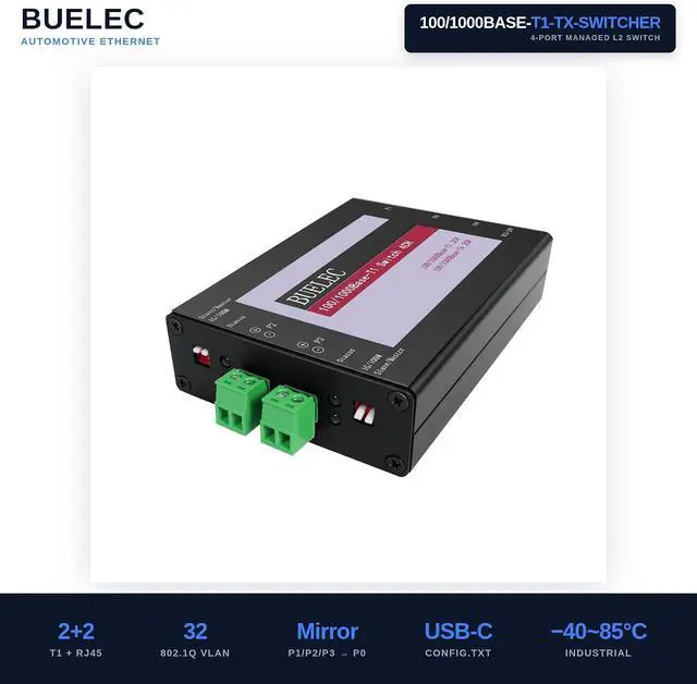Alt view image 2 of 7 - 100/1000BASE-T1 Managed Automotive Ethernet Switch, 4-Port, 2X T1 + 2X RJ45, VLAN, Port Mirroring, USB Config, MATEnet & HMTD Adapters
