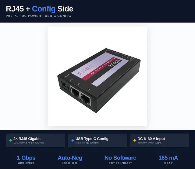 Alt view image 4 of 7 - 100/1000BASE-T1 Managed Automotive Ethernet Switch, 4-Port, 2X T1 + 2X RJ45, VLAN, Port Mirroring, USB Config, MATEnet & HMTD Adapters
