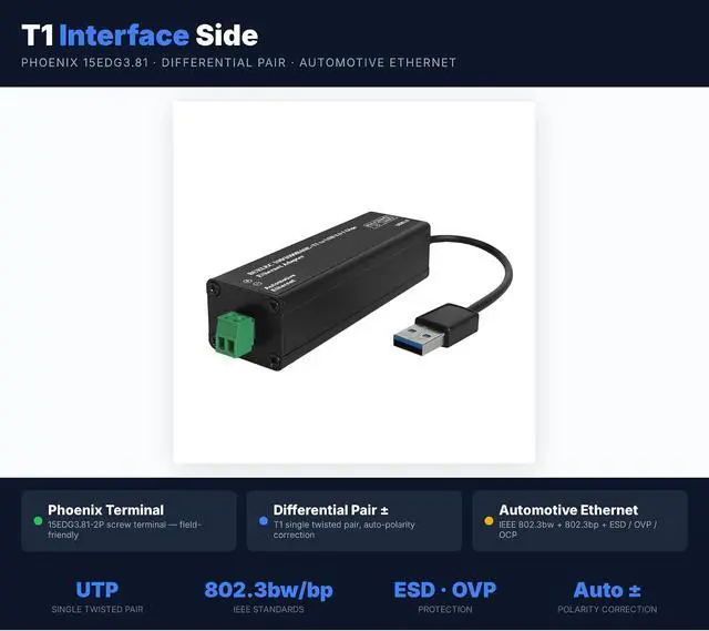 Alt view image 4 of 7 - USB 3.0 to Automotive Single-Pair Ethernet Adapter, 100/1000BASE-T1, Bus Powered, with MATEnet & HMTD Adapters, Plug and Play
