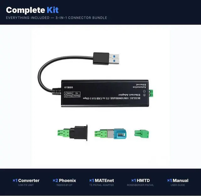Alt view image 5 of 7 - USB 3.0 to Automotive Single-Pair Ethernet Adapter, 100/1000BASE-T1, Bus Powered, with MATEnet & HMTD Adapters, Plug and Play