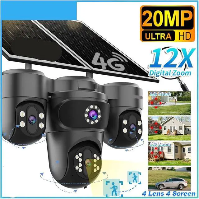 Alt view image 2 of 6 - 20MP Four Screen Solar Security Camera, 4G SIM Outdoor IP CCTV with AOV, 12X Zoom, 3 PTZ 360° & 24/7 Recording