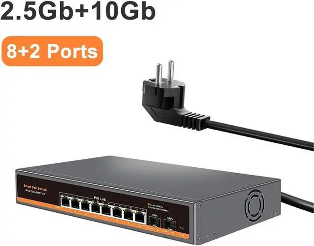 Alt view image 2 of 7 - Network Switch 10-Port Multi-gigabit unmanaged Ethernet Switch with 8 x IEEE 802.3af/at PoE+ Ports and 2 x 10Gb SFP+ for Uplink(Switch with EU Adapter)