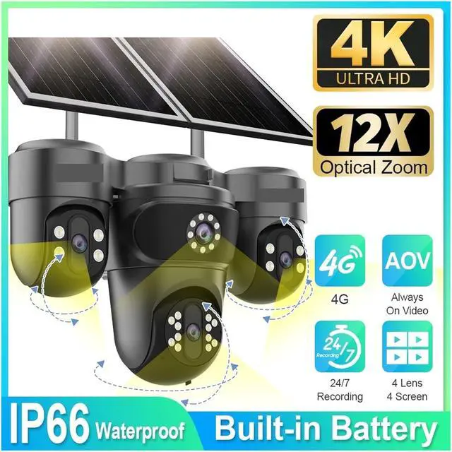 Alt view image 3 of 7 - 20MP Four Screen Solar Security Camera, Outdoor 3 PTZ Cam with 12X Optical Zoom, 360° APP Control & 14400mAh Battery