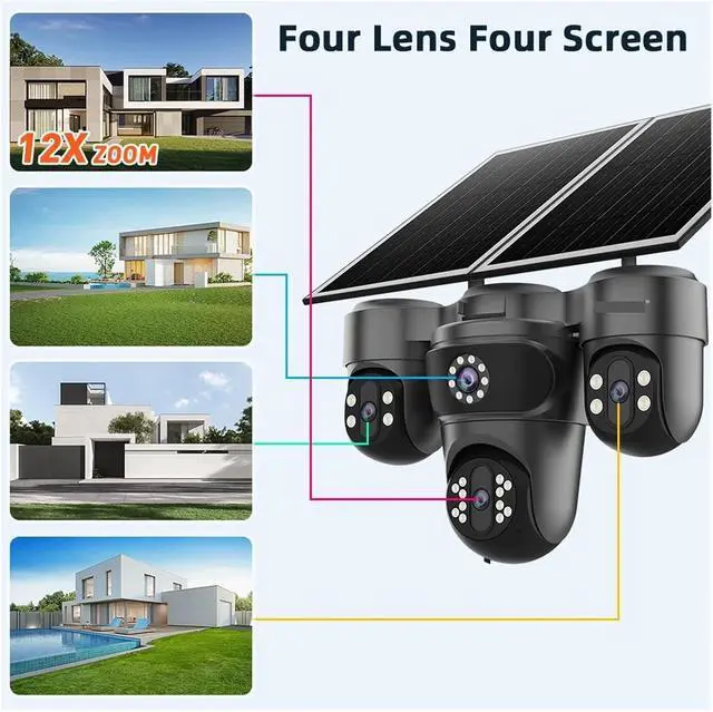 Alt view image 4 of 7 - 20MP Four Screen Solar Security Camera, Outdoor 3 PTZ Cam with 12X Optical Zoom, 360° APP Control & 14400mAh Battery