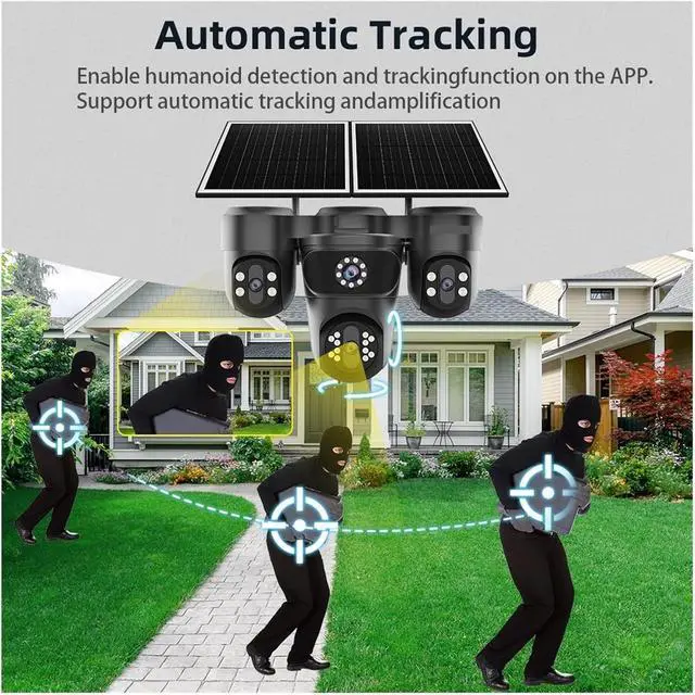 Alt view image 7 of 7 - 20MP Four Screen Solar Security Camera, Outdoor 3 PTZ Cam with 12X Optical Zoom, 360° APP Control & 14400mAh Battery
