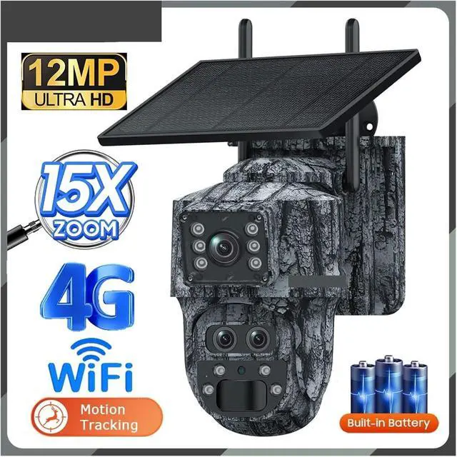 Alt view image 2 of 7 - 6K 12MP Dual Screen Solar Security Camera, WiFi 4G SIM Outdoor Camouflage Forest Cam IP66 with PIR Human Detection & Ubox APP