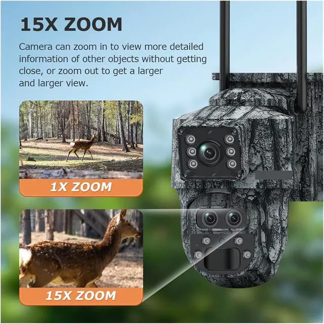 Alt view image 3 of 7 - 6K 12MP Dual Screen Solar Security Camera, WiFi 4G SIM Outdoor Camouflage Forest Cam IP66 with PIR Human Detection & Ubox APP