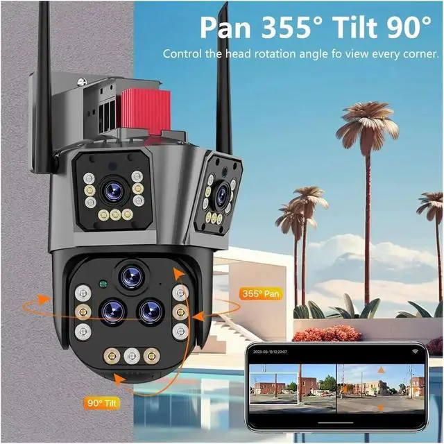 Alt view image 2 of 5 - 10K 20MP WiFi IP Camera 20X Zoom Surveillance Camera Outdoor Auto Tracking Four Lens Three Screen PTZ 16MP 8K Video Camera 360°
