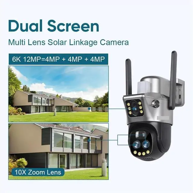 Alt view image 3 of 7 - 12MP Dual Screen 4G Solar Camera 10X Zoom Outdoor 6K WiFi PTZ Red Blue Light Alarm Auto Tracking CCTV Cameras V380 Pro