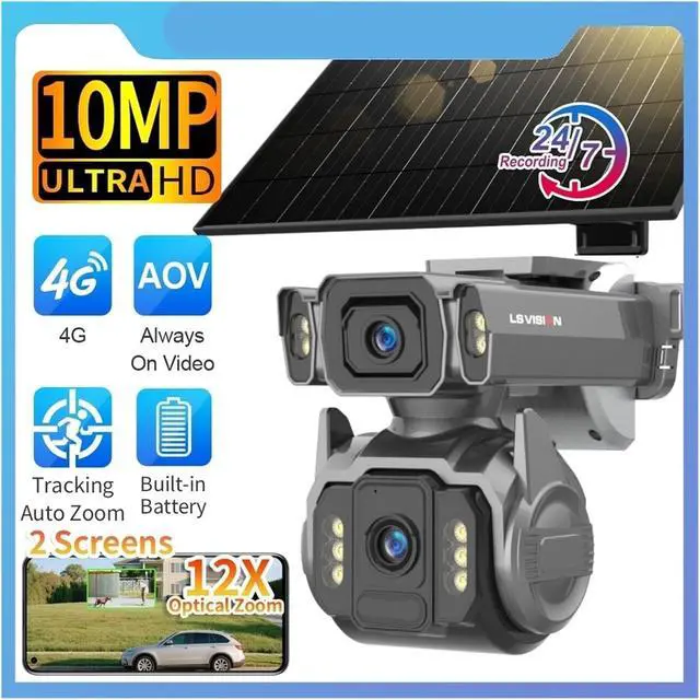 Alt view image 3 of 7 - 10MP Dual Screen Solar Security Camera, 4G Outdoor AOV Cam with 12X Zoom, 24/7 Recording, Human Auto Tracking & Auto Zoom